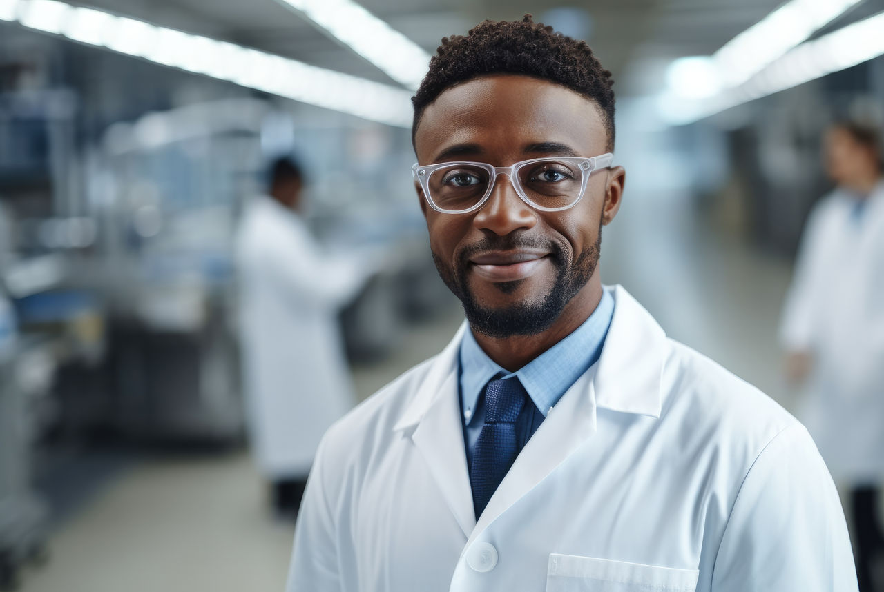 Black young man wearing lab coat working in workshop of pharmaceutical factory.